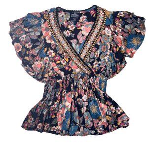 Angie Floral Blouse with Navy and Pink Accents